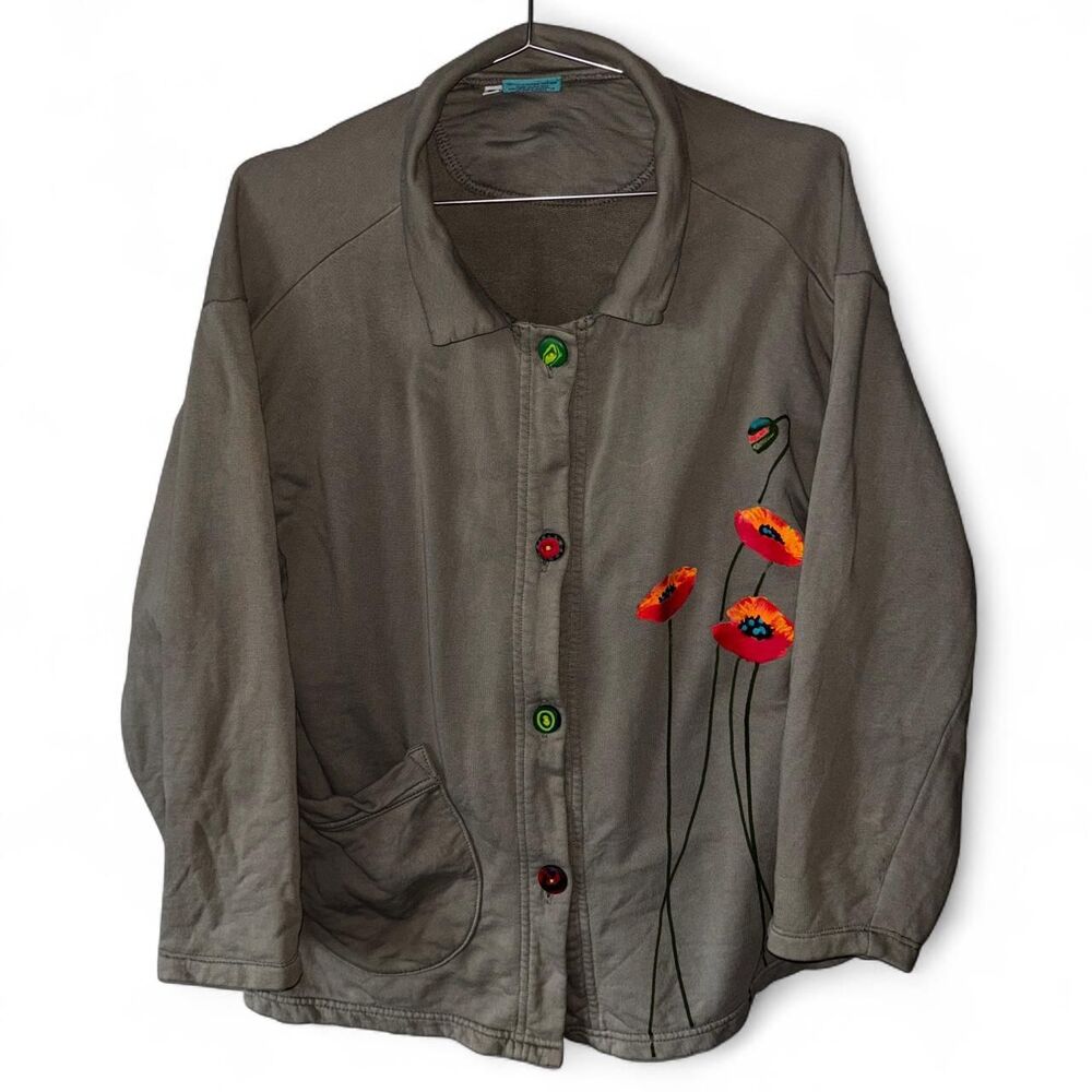Vintage Army Green Clay Button Hand Painted Dragonfly Flower Long Sleeve Top
